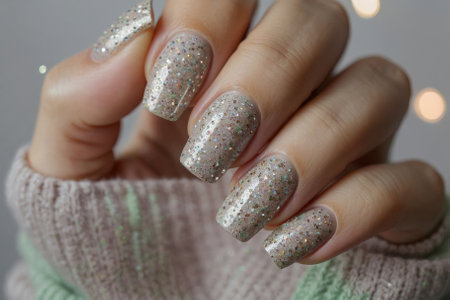 Elegant brown glitter nail art on female hand with soft pastel sweater for chic styleの素材
