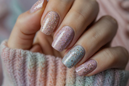 A hand with a gold and rainbow nail polish with glitter on it. The hand in a sweaterの素材