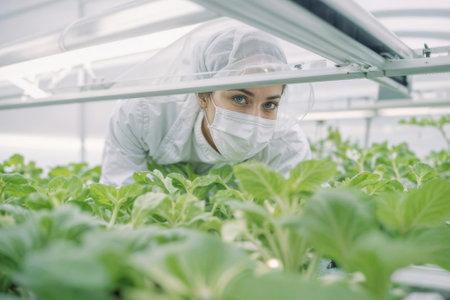 Woman botany engineer analyzing plants wearing a white lab coat and a mask is looking at a row of plants in LED light farm. Concept agriculture technologyの素材