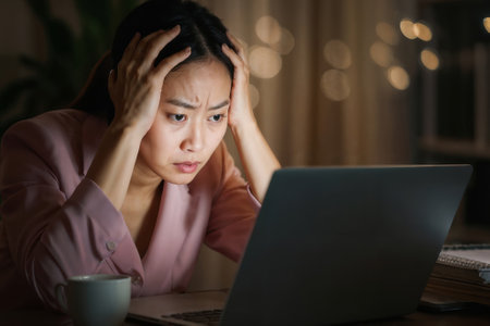 Portrait of sad Asian businesswoman checking laptop in the night at home officeの素材