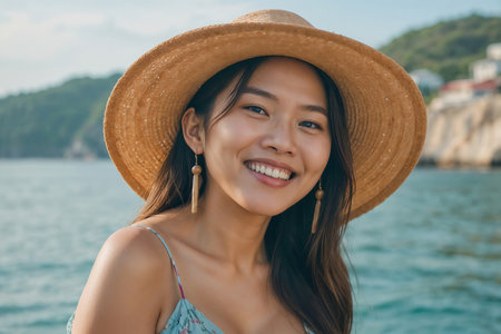 Portrait of happy Asian woman wearing a straw hat and earrings is smiling at the camera. She is standing on a beach near the waterの素材