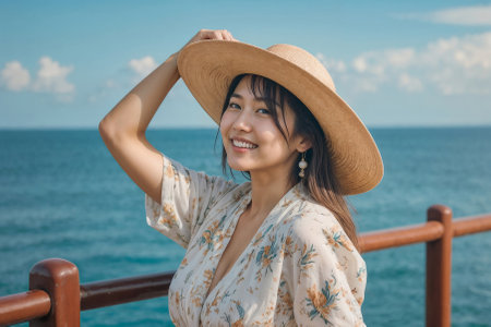 Beautiful Asian woman wearing a straw hat is smiling at the camera while standing on a pier overlooking the oceanの素材