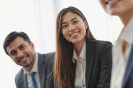 Portrait of happy Asian woman with a smile on her face is sitting between two men in suits on corporate training seminar. Concept of professionalism and camaraderieの素材