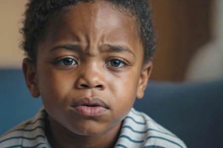 Portrait of African American young boy with a sad expression on his faceの素材