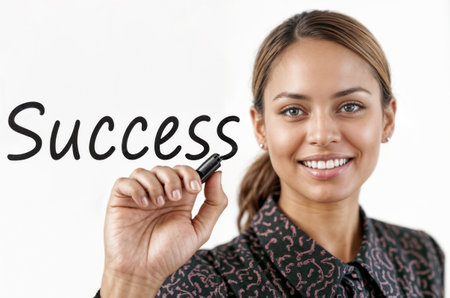 Portrait of happy businesswoman is drawing the word success on a white background. She is smiling and holding a markerの素材
