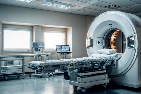 Magnetic resonance imaging (MRI) in hospital room. CT Computed tomography scanner in hospital laboratoryの素材
