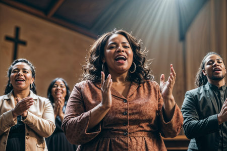 African American Christian Gospel singers in church clapping, praising lord Jesus Christ with emotions and happinessの素材