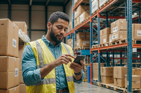Warehouse inventory manager uses smartphone to scan barcode on parcelの素材