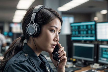 Face of Asian female police officer in a call center 911 operator talking on the phone in a busy police office environmentの素材