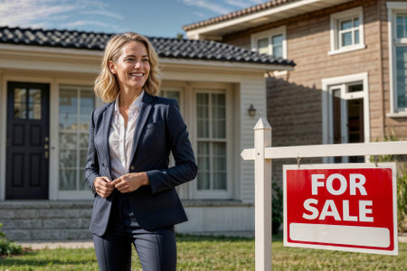 Portrait of happy woman real estate agent stands in front of a private house and in front of a red "For Sale" sign. Concept of selling a private house in Canadaの素材