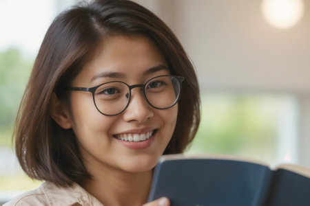 Happy face of Asian woman student wearing glasses is smiling and holding a book. The woman's smile and the book's content suggest that she is happyの素材
