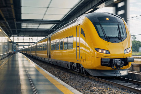 A yellow train is sitting on the tracks at a train station. The train is long and has many windowsの素材