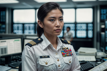 Portrait of Asian female naval officer in uniform in naval army central control and monitoring office for the management, technology and naval army communicationsの素材