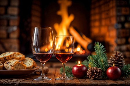Two wine glasses are on a table next to a plate of bread and apples. The wine glasses are filled with red wine and there are candles on the table. Scene is cozy and festiveの素材