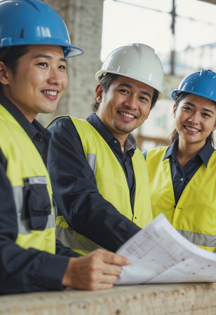 Asian construction site manager woman with people in training periodの素材