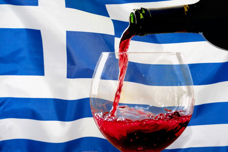 Red wine pouring from a bottle into a glass against the background of the Greece flag. Concept of winemaking and wine export in Greeceの写真素材
