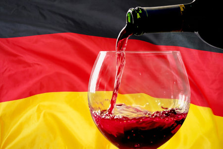 Red wine pouring from a bottle into a glass against the background of the Germany flag. Concept of winemaking and wine export in Germanyの写真素材