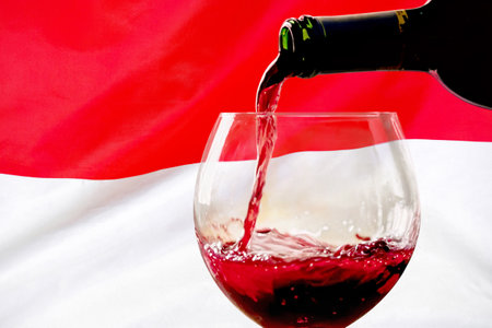 Red wine pouring from a bottle into a glass against the background of the Indonesia flag. Concept of winemaking and wine export in Indonesiaの写真素材