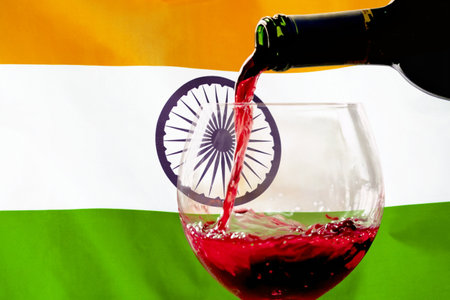 Red wine pouring from a bottle into a glass against the background of the India flag. Concept of winemaking and wine export in Indiaの写真素材