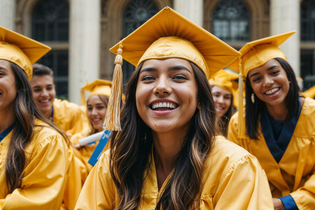Portrait of happy college graduates in yellow caps and gowns celebrating graduation ceremonyの素材