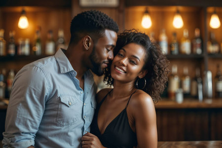 Back couple in love man and woman are kissing in a bar. The man is wearing a blue shirt and the woman is wearing a black dress. Scene is romantic and intimateの素材