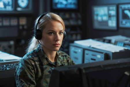 Portrait of serious female officer in green camouflage working in army central control and monitoring office for the management, technology and army communicationsの素材