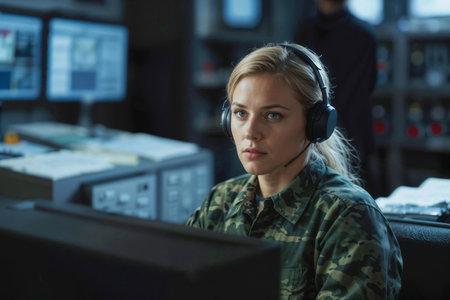 Face of serious European female officer in green camouflage working in army central control and monitoring office for the management, technology and army communicationsの素材