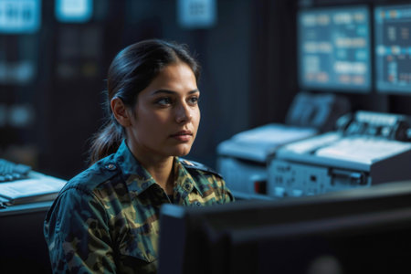 Portrait of female officer in green camouflage working in army central control and monitoring office for the management, technology and army communicationsの素材