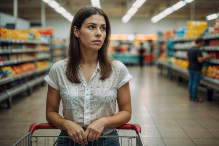 A woman is shopping in a grocery store with a red shopping cart, she is shocked by supermarket pricesの素材