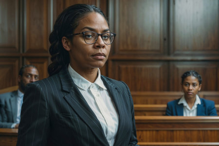 Portrait of black lawyer woman stands before a jury in defense of his client. Court and trialの素材