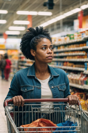 Portrait of black woman shocked by supermarket prices with an empty cart in a supermarket was truly discouragingの素材