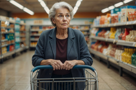 Pensioner woman shocked by supermarket prices with an empty cart in a supermarket was truly discouragingの素材