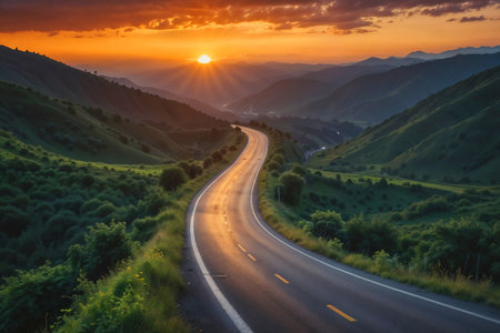 A winding asphalt highway stretching through lush green mountains under a dramatic sunset skyの素材