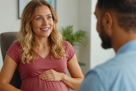 Pregnant happy woman with red dress talking with family doctor in office. The woman is pregnant and smilingの素材