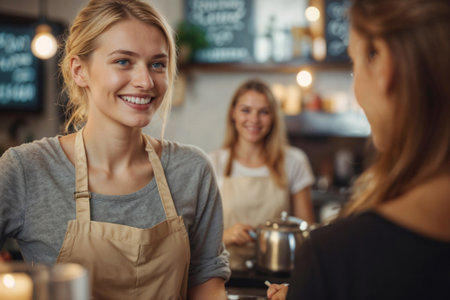 Bartender young Caucasian woman in apron is smiling at a customer in a cafe. The other two women are also smilingの素材
