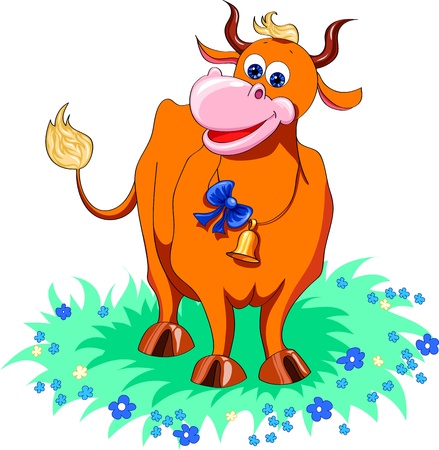 funny red cow in the meadow with flowersのイラスト素材