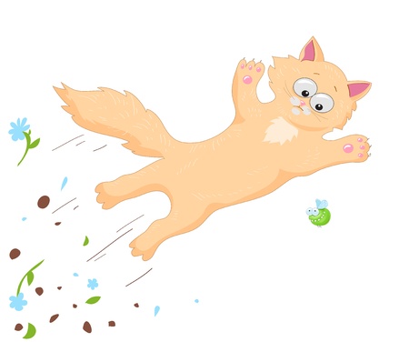 ginger cat jumping over the green flyのイラスト素材
