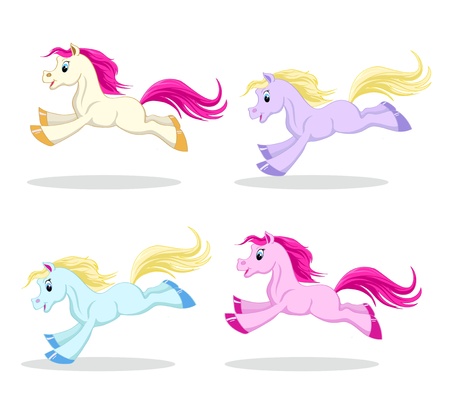 set of colored pony in motion on a white backgroundのイラスト素材