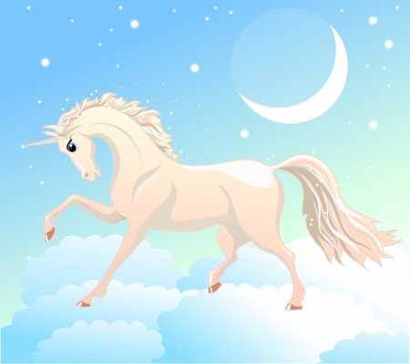 white unicorn is on the clouds in the sky with the moon and starsのイラスト素材