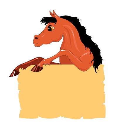 cheerful brown pony with a congratulatory bank on a white backgroundのイラスト素材