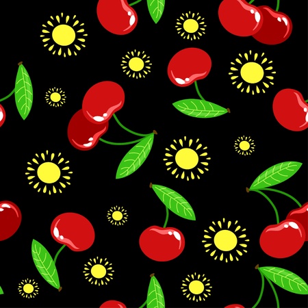 seamless texture with cherries and sun on a black backgroundのイラスト素材