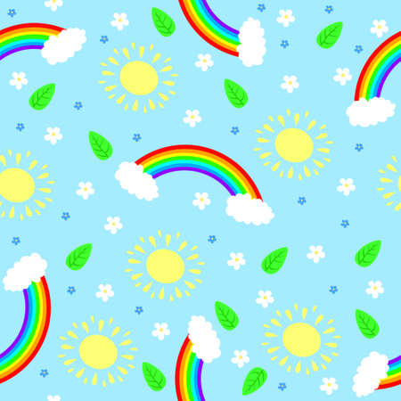 seamless texture with rainbow, sun, clouds, flowers, leaves and skyのイラスト素材