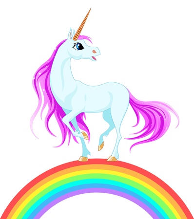 blue unicorn with pink mane on a rainbow