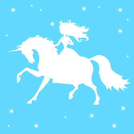 silhouettes princess and unicorn on a blue backgroundのイラスト素材
