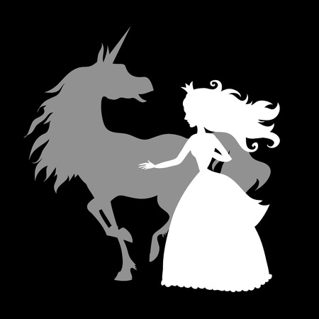 princess and unicorn silhouettes on a black backgroundのイラスト素材