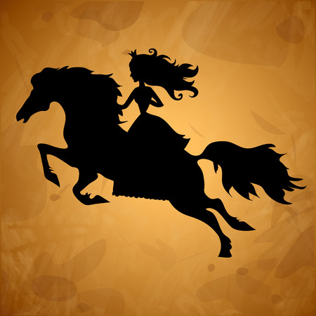 Princess on horse silhouette on old paperのイラスト素材
