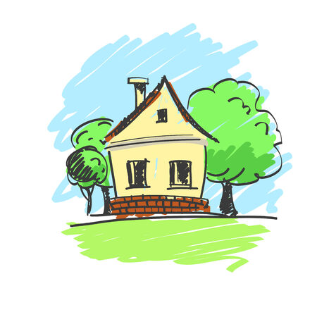 illustration of a house with a landscape isolatedのイラスト素材