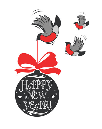 Nappy new year greeting design with christmas ball, bullfinch and typography. Retro design element, banner, poster or postcardのイラスト素材