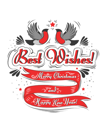 Merry Christmas and Happy New Year. Best Wishes. Greeting typography witn ribbon and bullfinch. Design element  for greeting card, banner, print or posterのイラスト素材