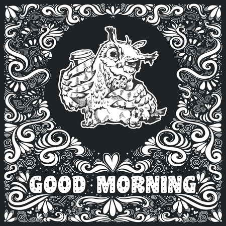 Black and white inspirational background with text - Good Morning - and hand drawn little owl character for greeting card, print and bannerのイラスト素材